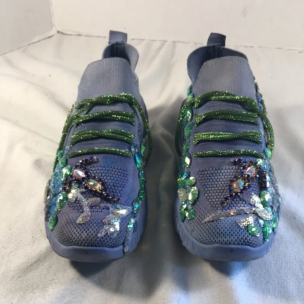 Women’s Rare Wear Customized Bedazzled Periwinkle Blue Pull On Mesh Sneakers